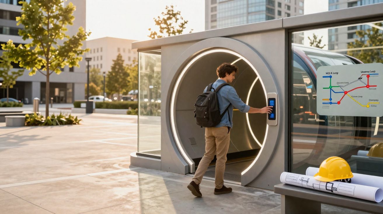 Homem acessa entrada futurista de transporte tubular em área urbana com capacete e plantas ao redor.