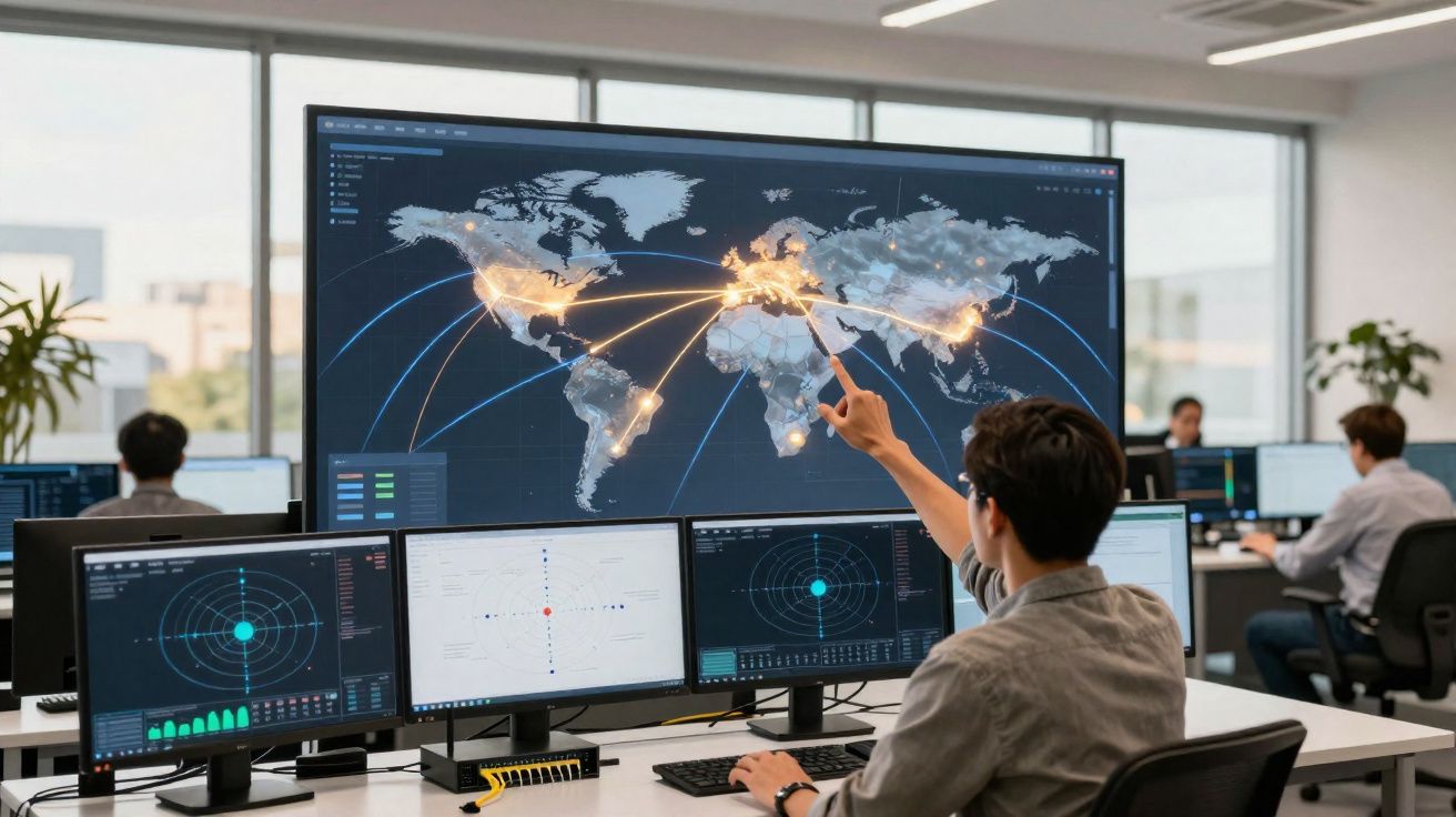 Pessoa em escritório de monitoramento aponta para mapa mundial gigante com conexões entre continentes.