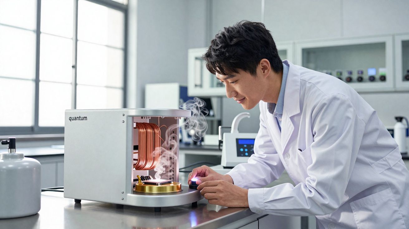 Homem com jaleco operando equipamento científico que libera vapor em laboratório moderno.