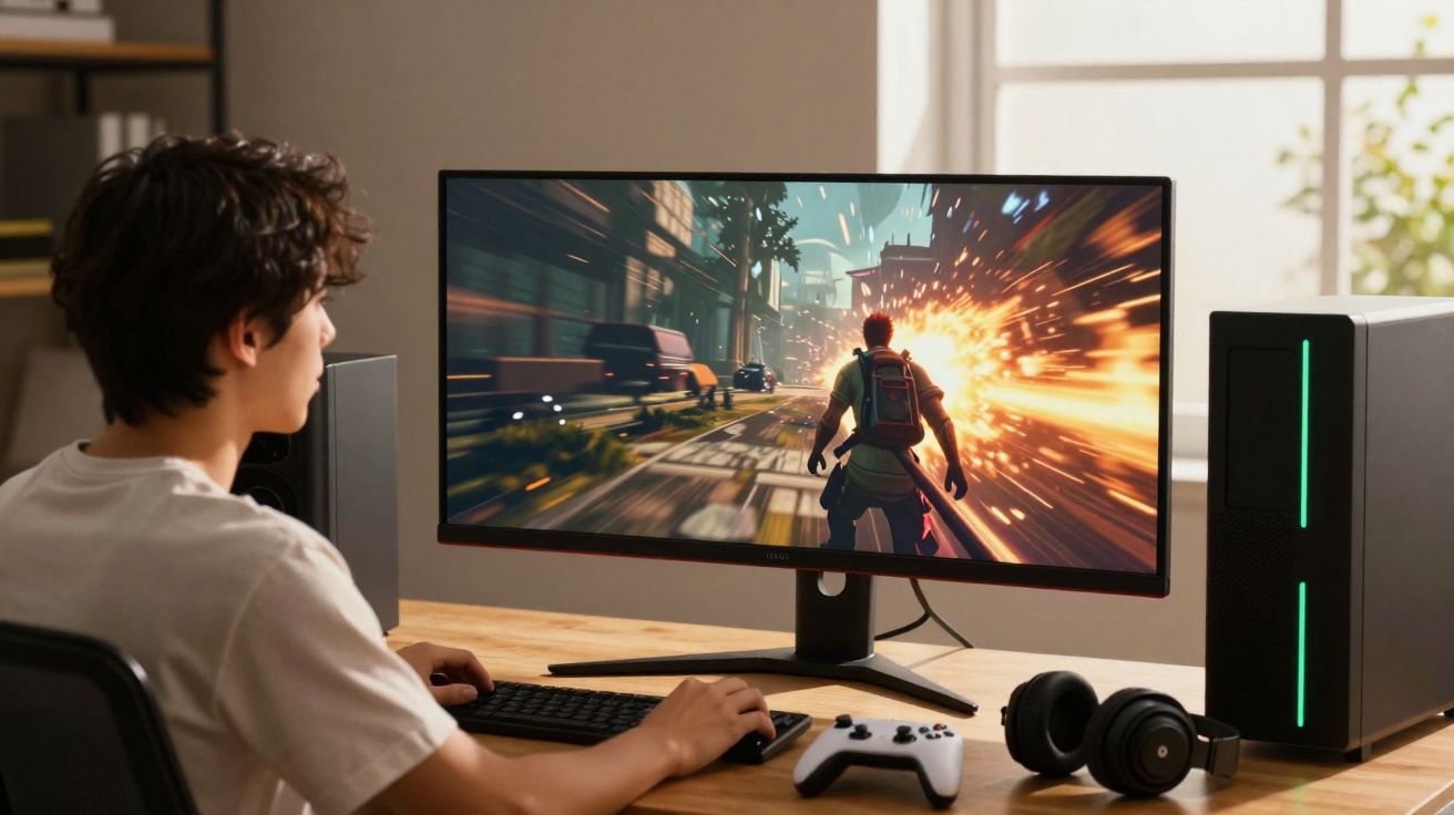 Jovem jogando videogame em desktop com monitor ultrawide, fone de ouvido e controle na mesa de madeira.