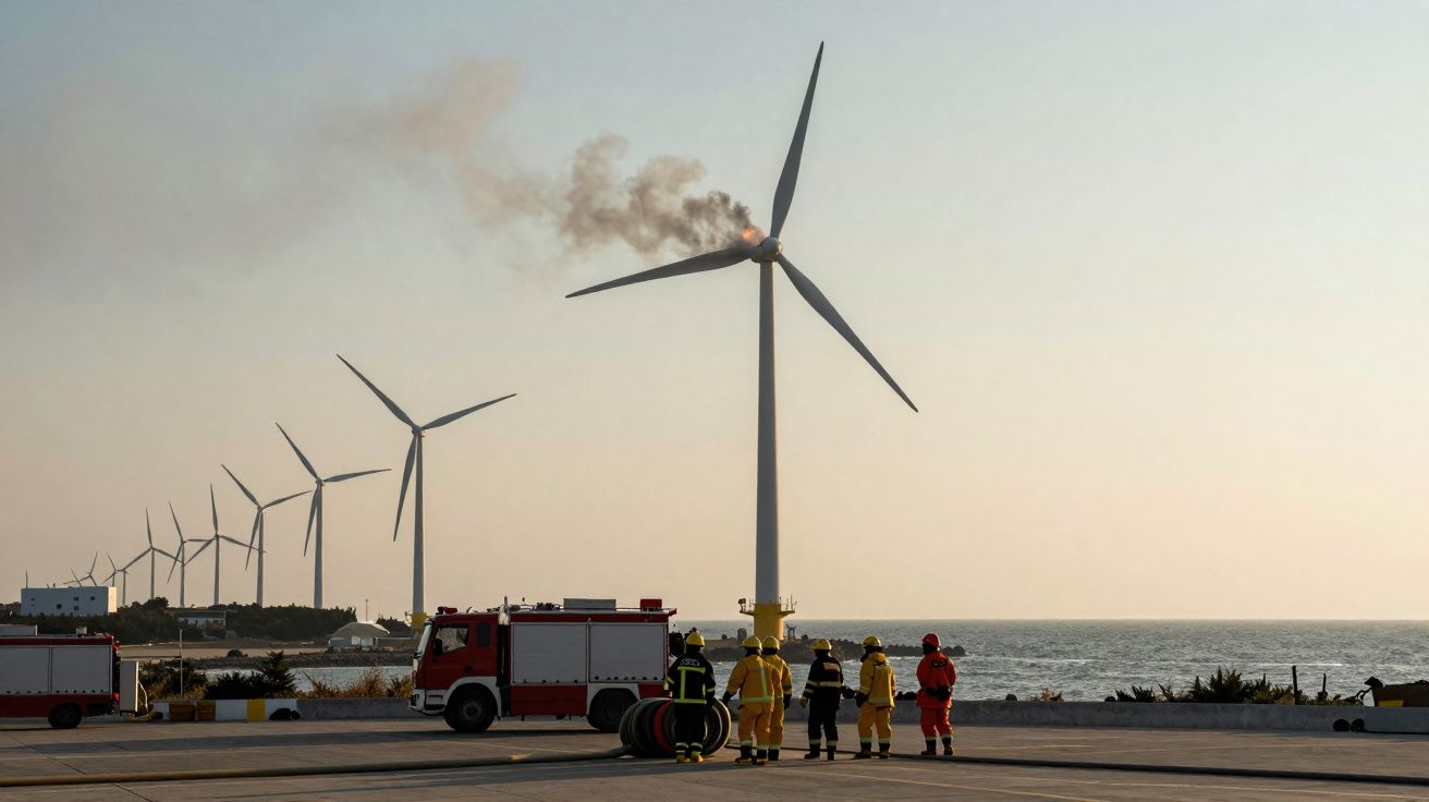 Turbina eólica em chamas com fumaça preta, bombeiros e caminhões de bombeiro ao lado do mar ao entardecer.
