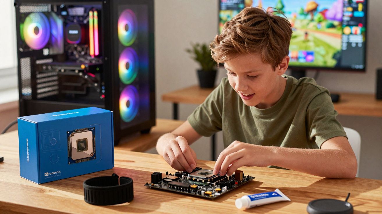 Menino montando componente de computador em mesa com gabinete de PC e monitor ao fundo.