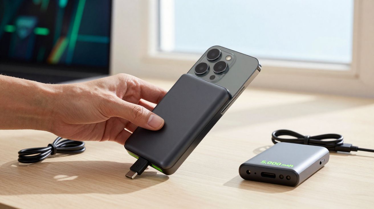 Pessoa segurando smartphone com carregador portátil acoplado para carregamento magnético sem fio.