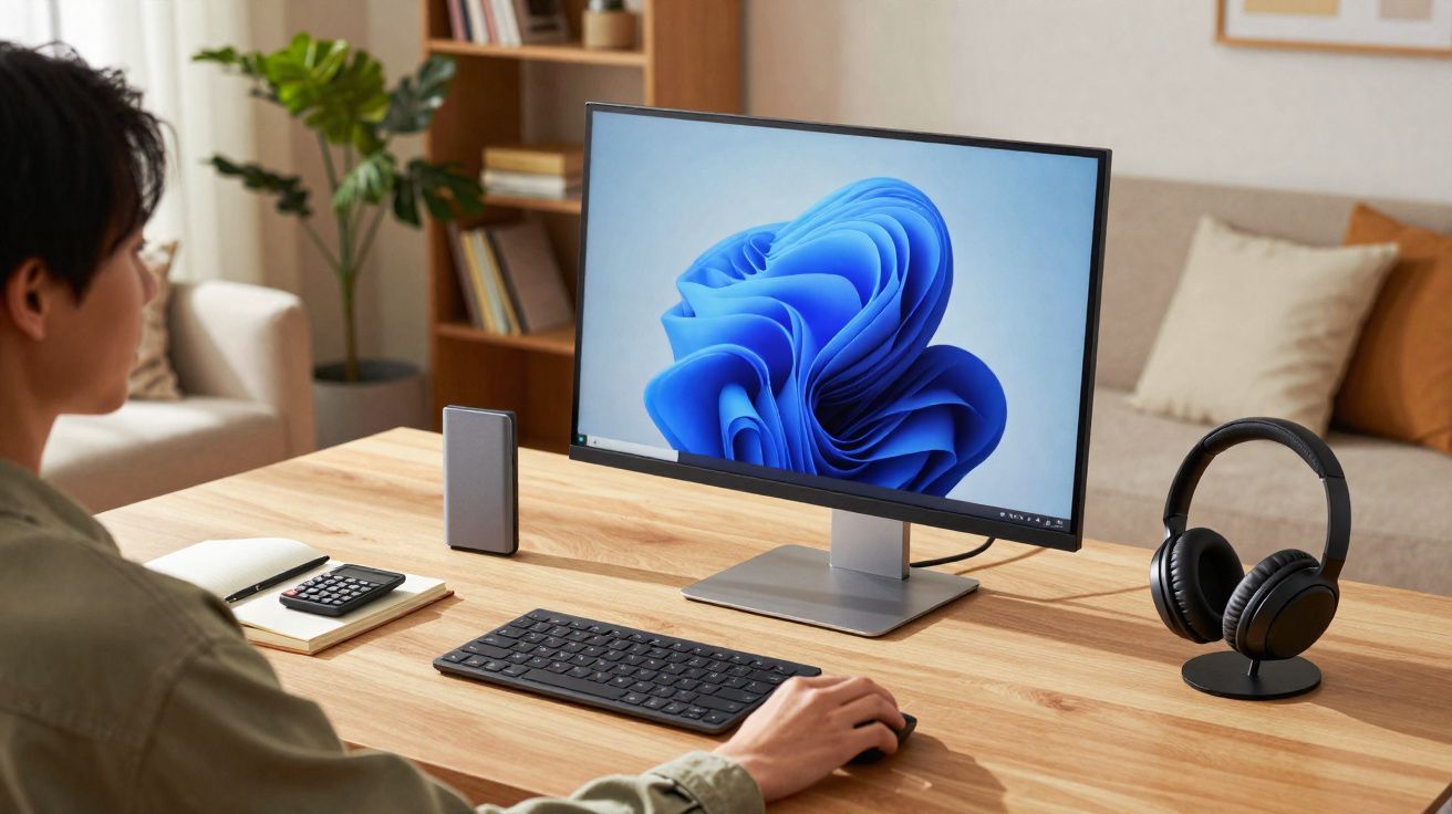 Pessoa usando computador de mesa com sistema operacional Windows 11 em ambiente de escritório doméstico.