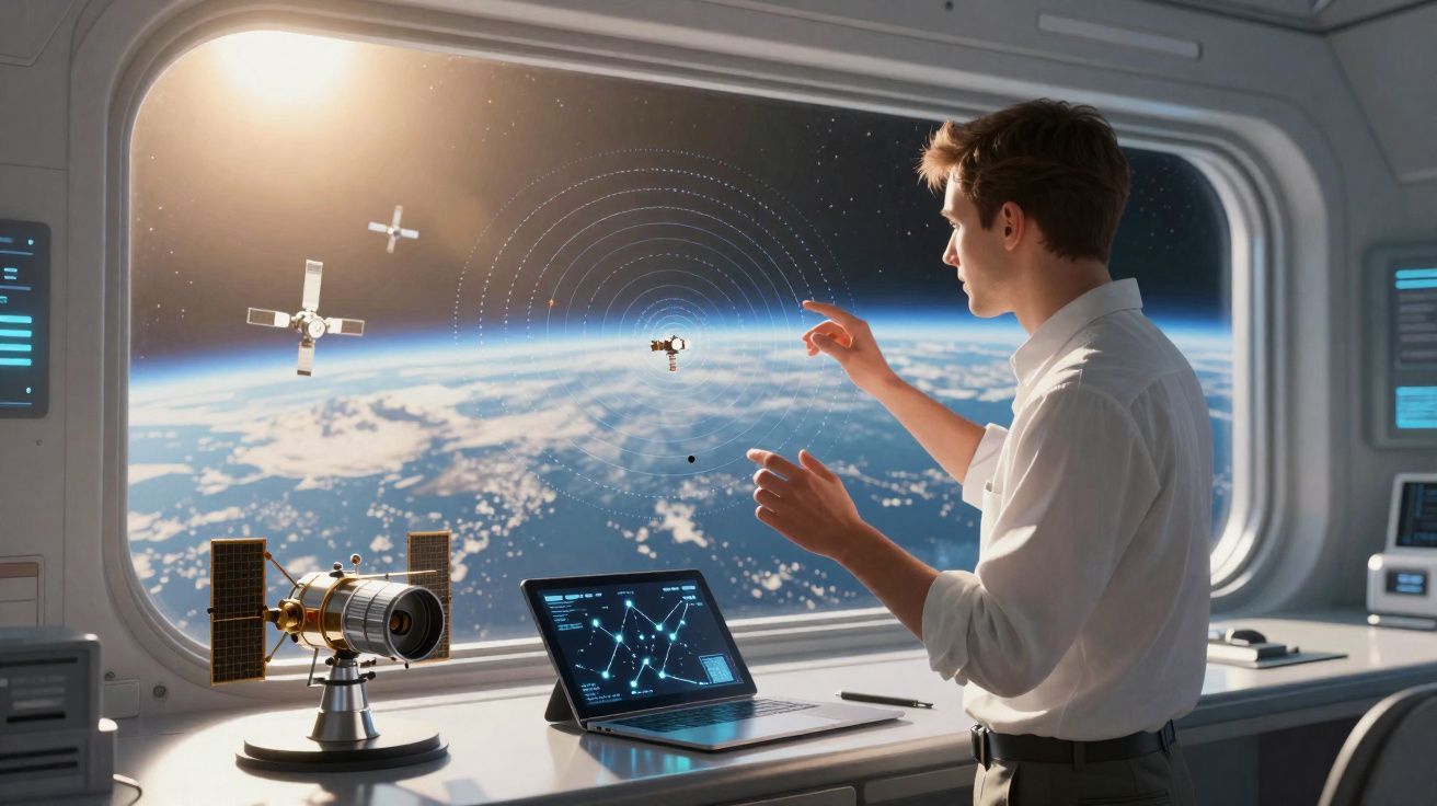 Jovem operando tecnologia futurista para monitorar satélites com vista da Terra do espaço.