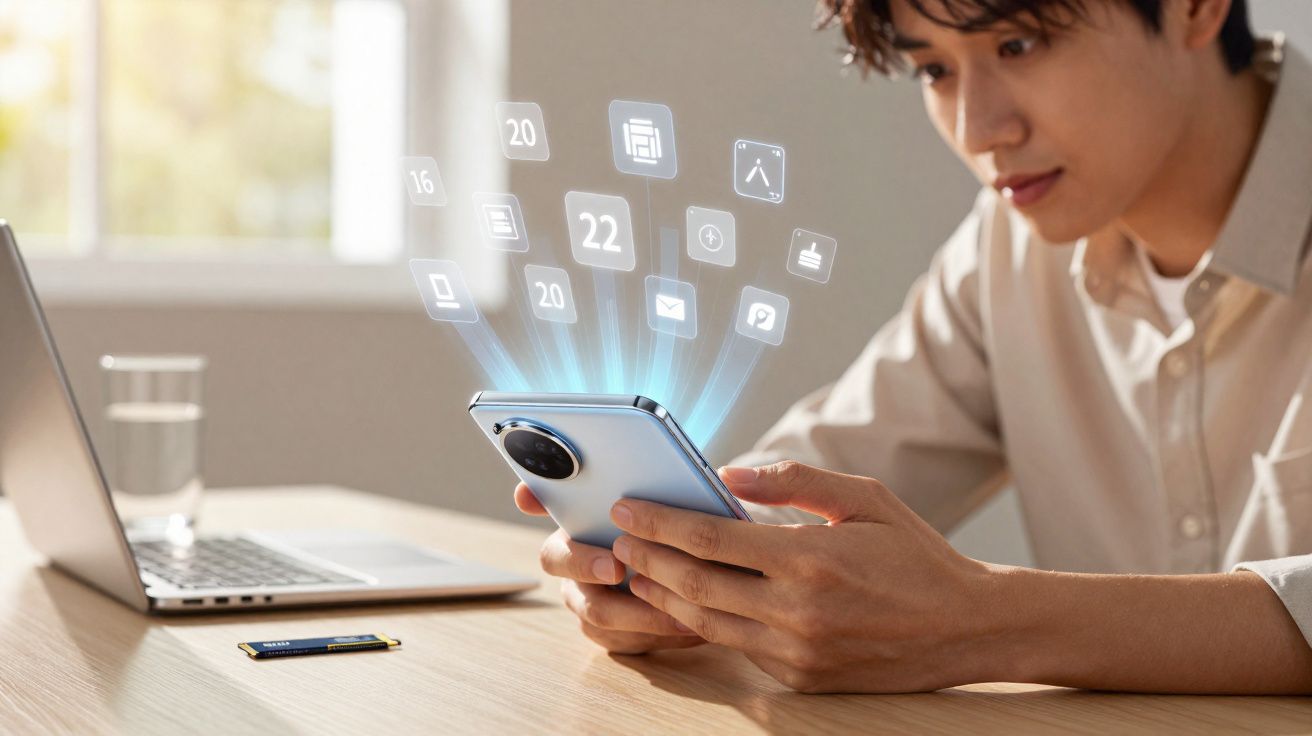 Pessoa usando smartphone com ícones digitais flutuantes, sentado à mesa com laptop e copo d'água.