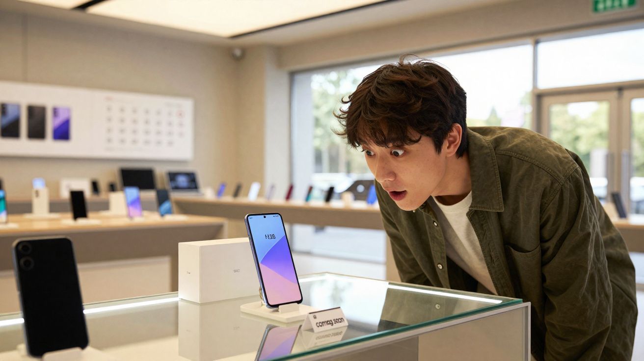 Jovem de camisa verde olhando surpreso para smartphone em vitrine de loja de eletrônicos moderna.