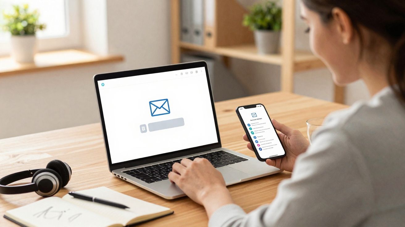 Pessoa acessando e-mail em computador e celular em mesa com fones, caderno e caneta.