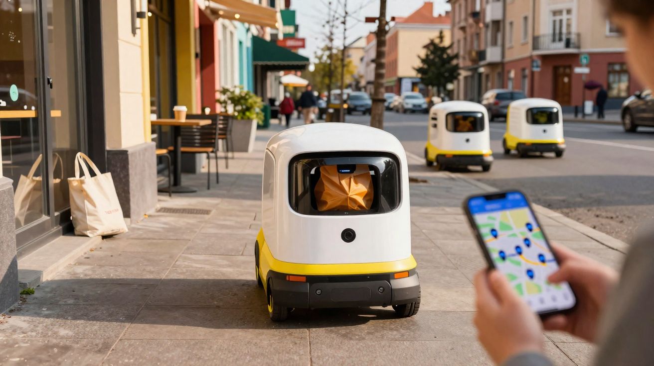 Robôs autônomos de entregas circulam em calçada urbana com pessoa controlando por celular.