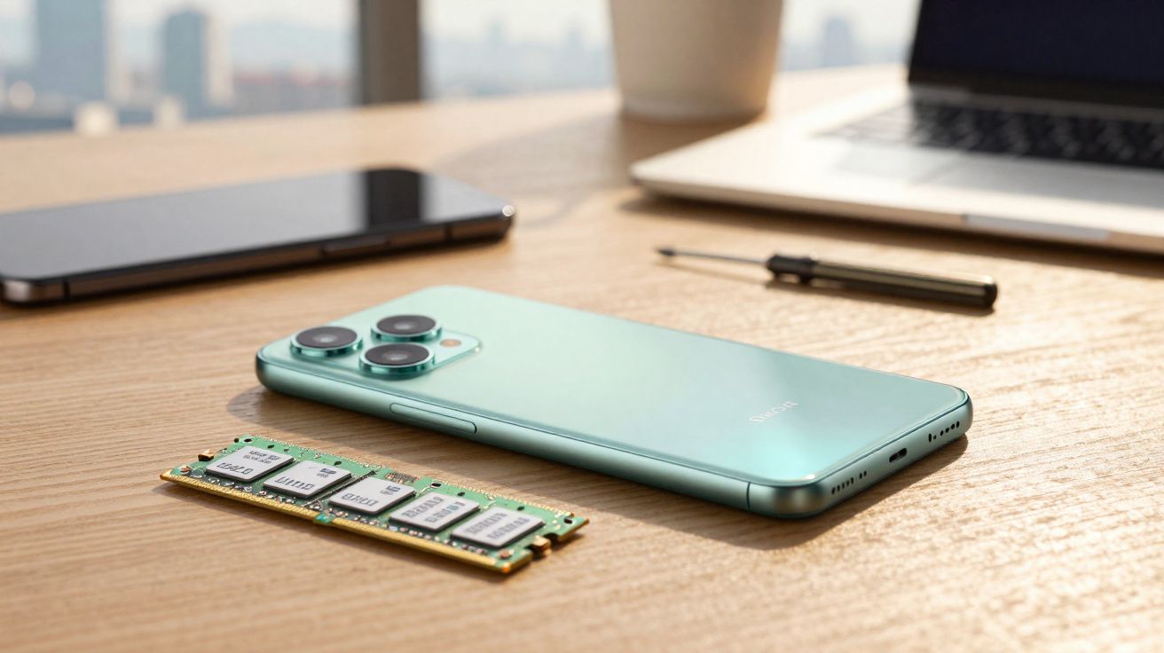 Smartphone verde, módulo de memória RAM, caneta, celular e notebook sobre mesa de madeira.