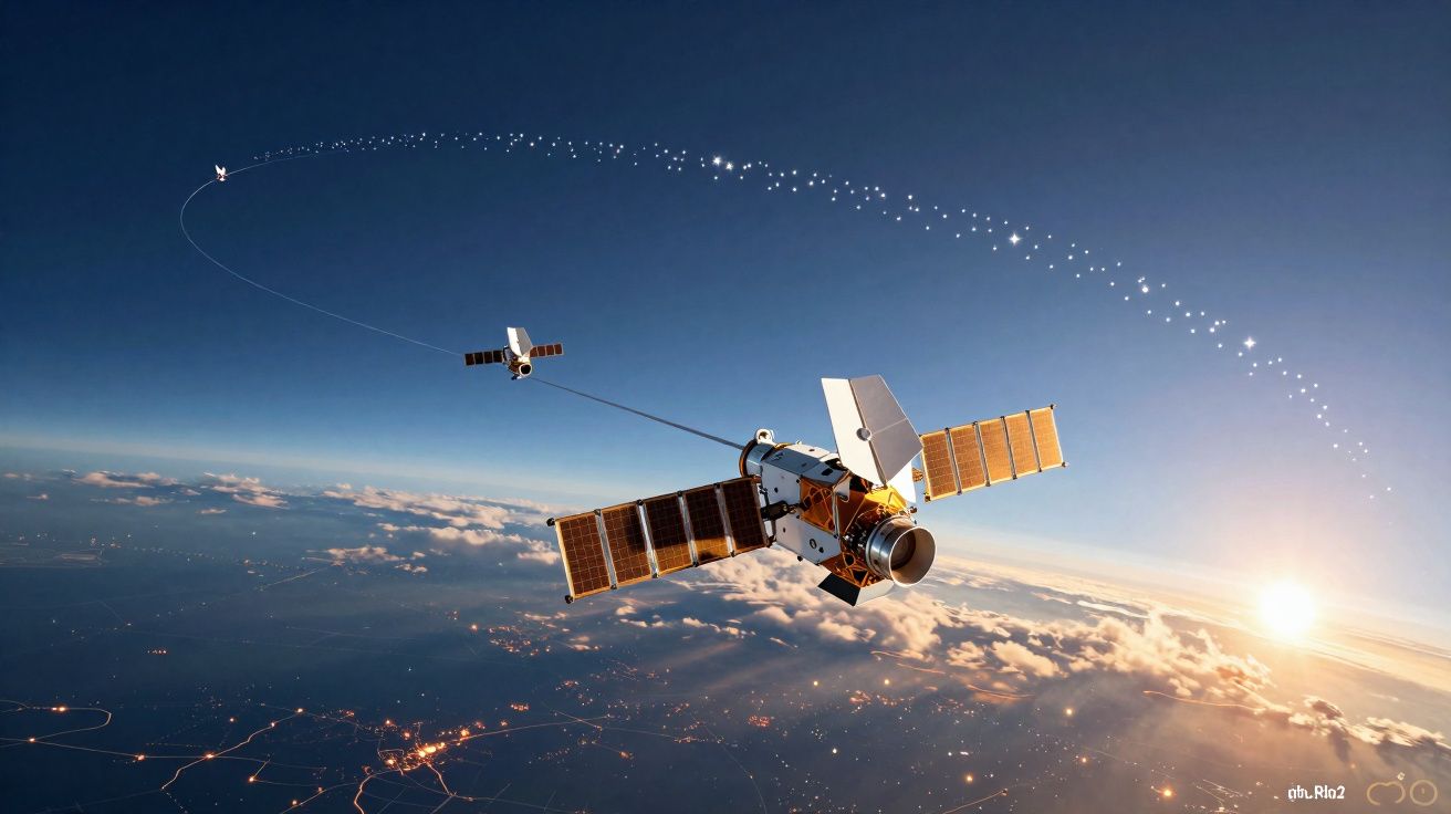 Dois satélites orbitando a Terra com reflexos do sol e céu estrelado ao fundo.