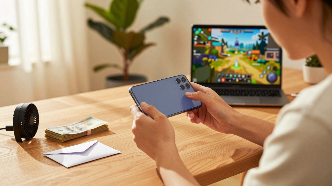 Pessoa segurando smartphone na frente de notebook com jogo na tela sobre mesa de madeira clara.