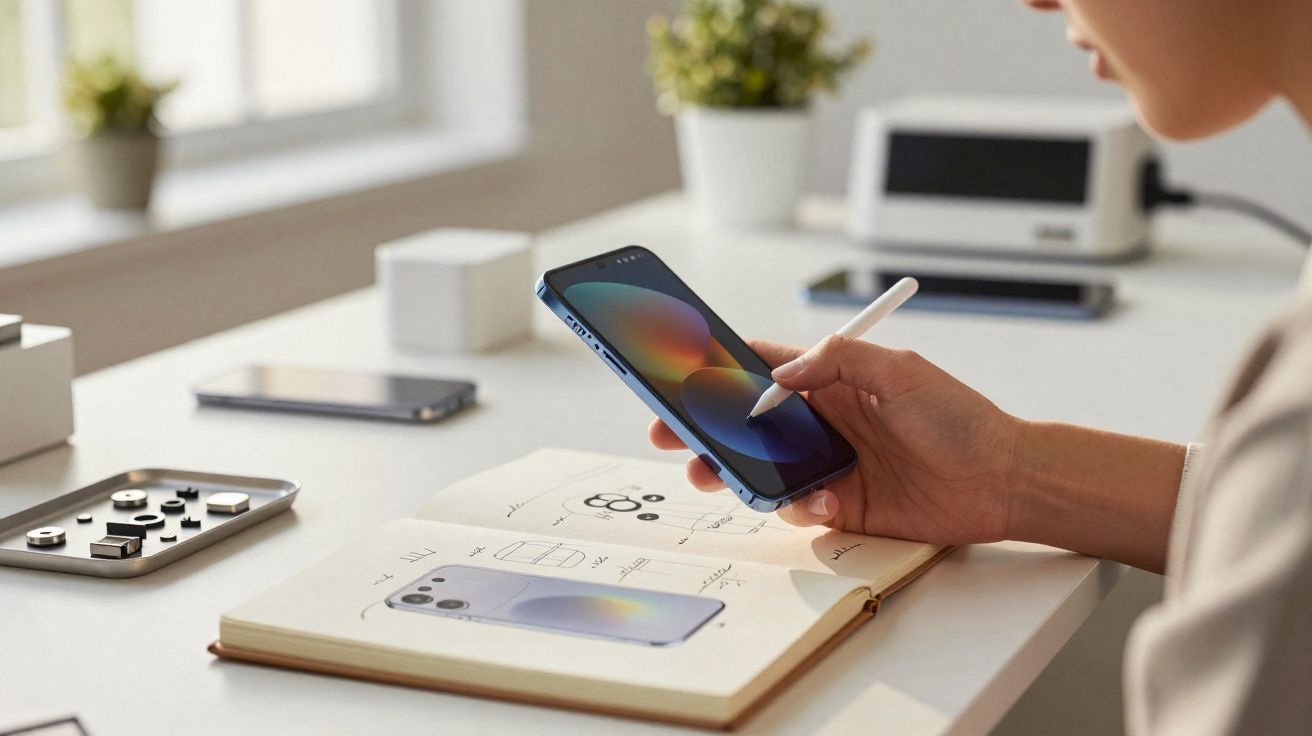 Pessoa segurando smartphone azul com caneta digital sobre caderno de anotações em mesa clara.