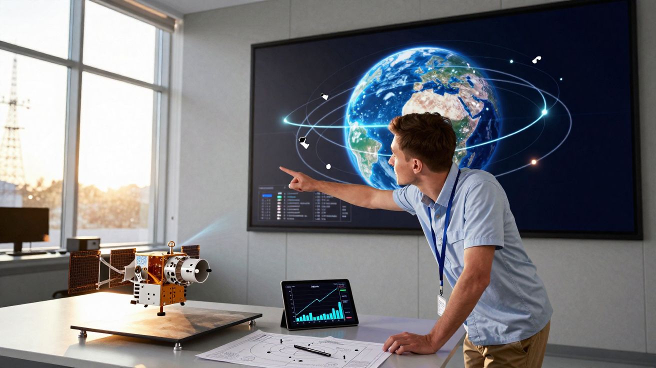 Homem analisando modelo de satélite e gráficos no tablet com imagem da Terra em tela grande.