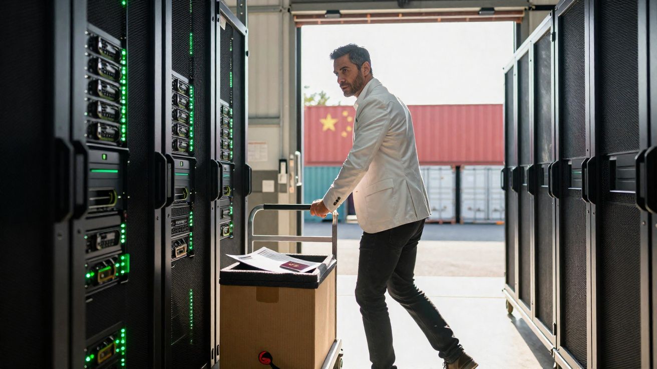 Homem empurra carrinho com caixa dentro de data center entre racks de servidores ligados com luzes verdes.