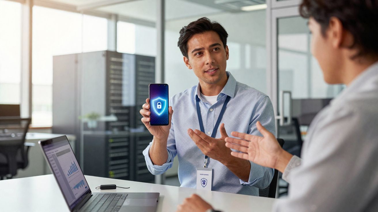 Homem mostra celular com ícone de cadeado para colega em reunião de escritório moderno.