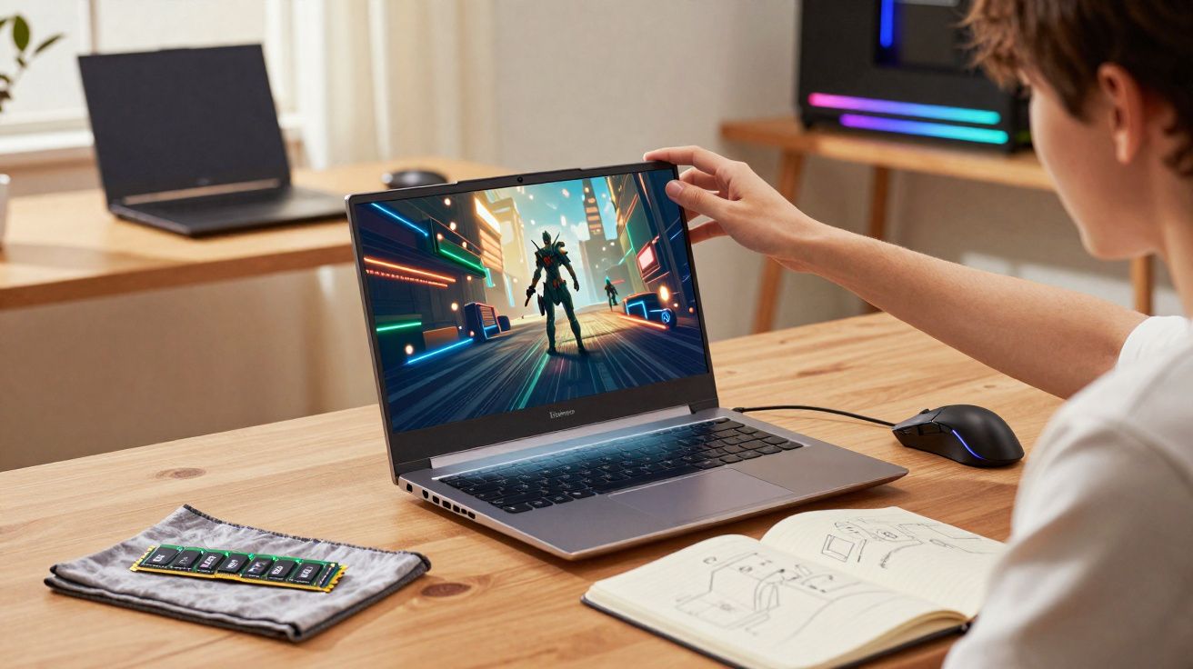 Pessoa mexendo em notebook com jogo e mouse na mesa de madeira, com caderno e peça de memória RAM.