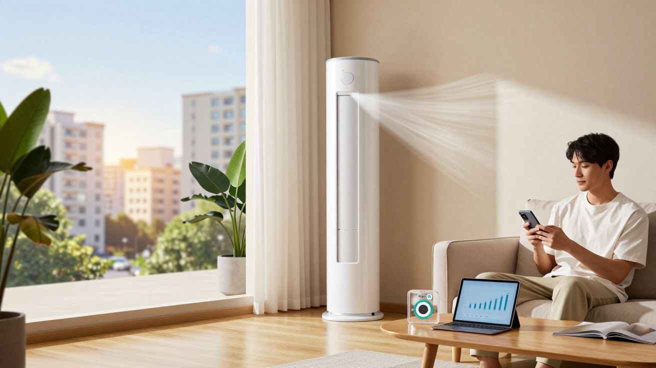 Homem sentado no sofá usando celular enquanto ar-condicionado torre sopra ar em sala com laptop na mesa.