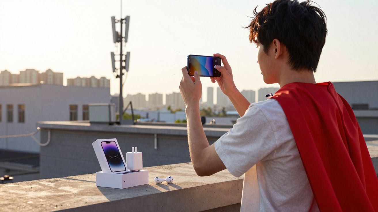 Jovem com capa vermelha fotografa celular em cima de muro, ao lado de caixa, carregador e fones de ouvido brancos.