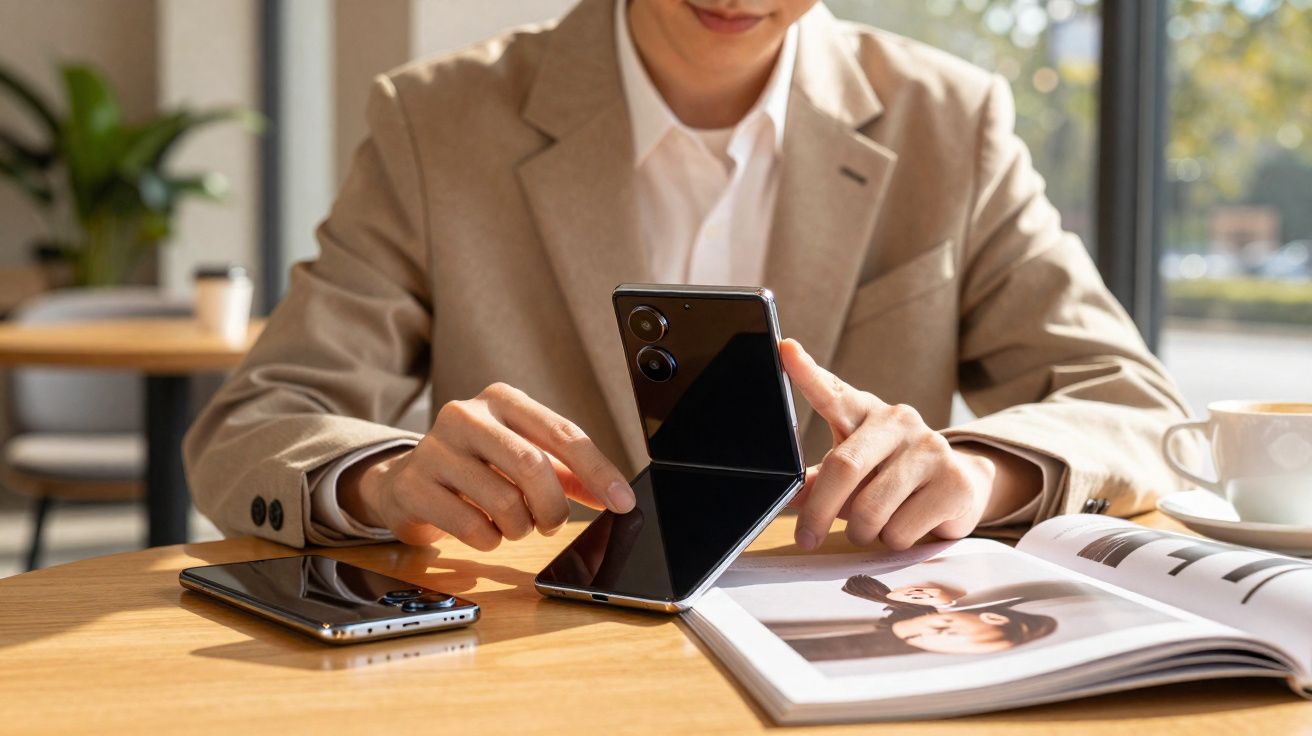 Pessoa abrindo smartphone dobrável preto em mesa com revista aberta e segundo celular ao lado, em ambiente claro.