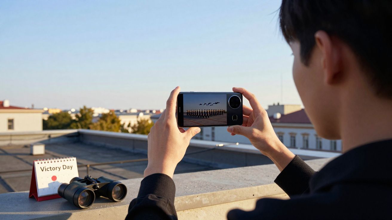 Pessoa tirando foto com celular de um desfile militar no telhado, com binóculo e calendário ao lado.