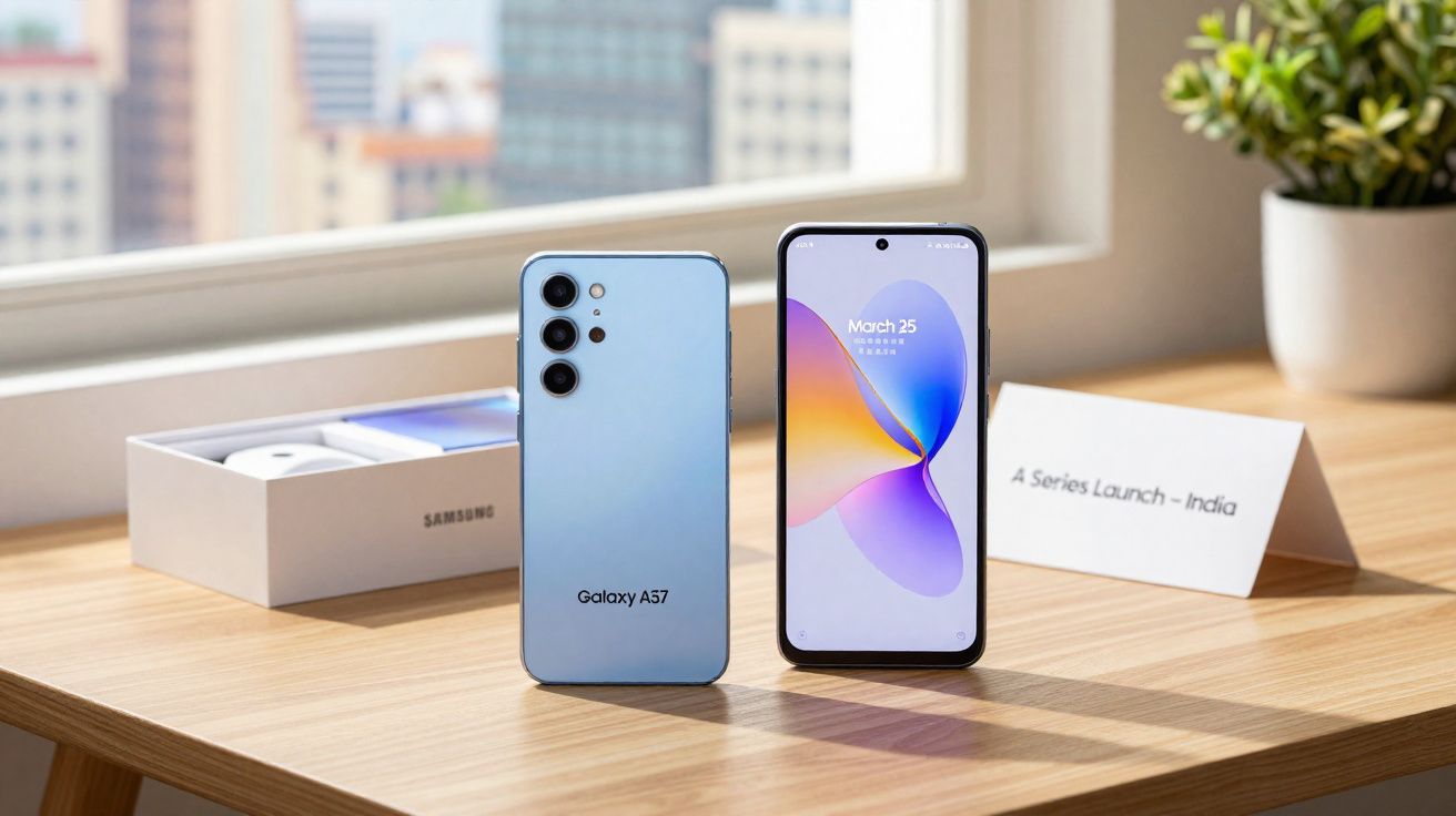 Dois smartphones Galaxy A57 na cor azul, um mostrando a traseira e outro a tela ligada na mesa próxima à janela.