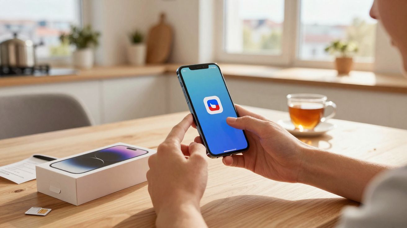 Pessoa segurando smartphone com aplicativo do Banco do Brasil aberto, ao lado de caixa e chip em mesa de madeira.