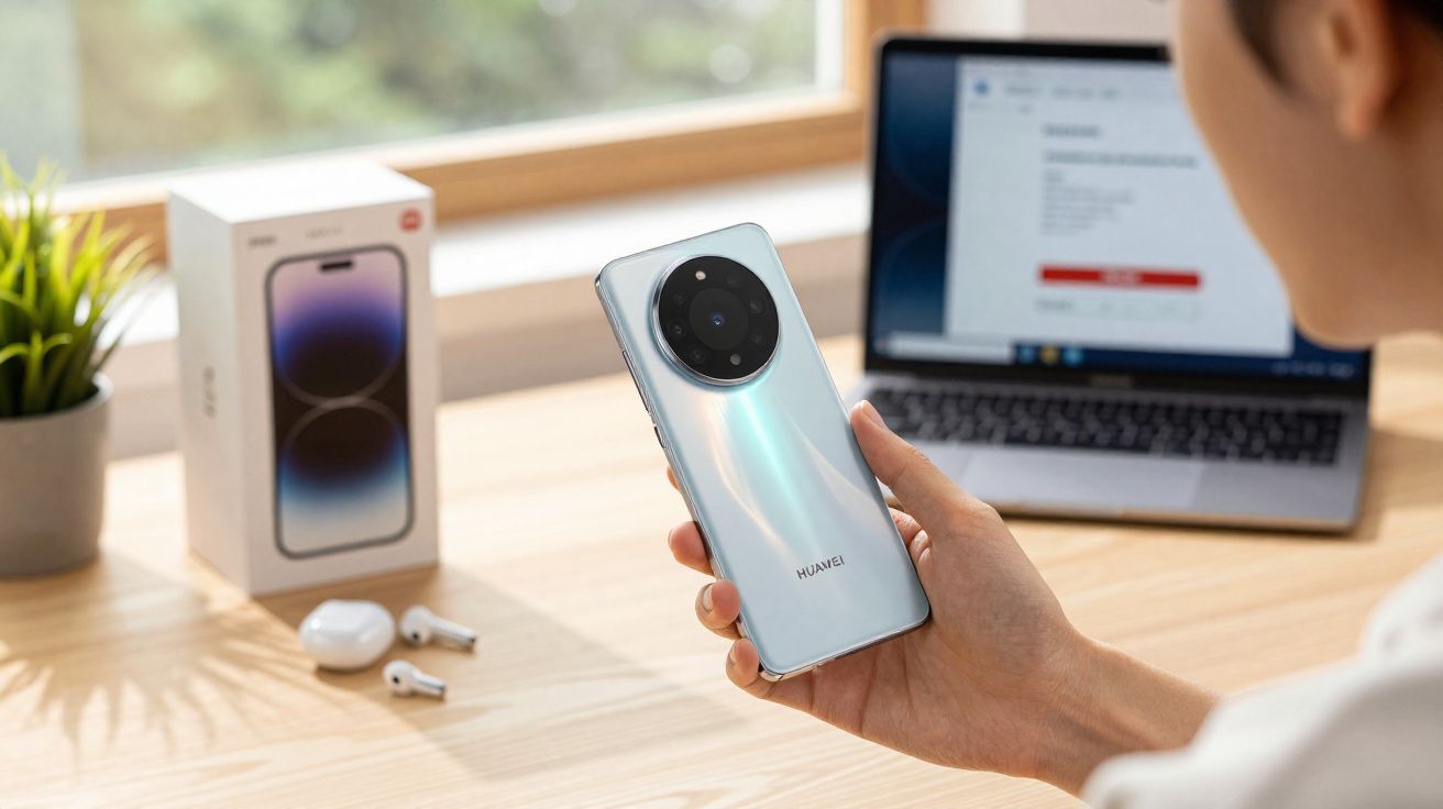 Pessoa segurando smartphone Huawei na mão, com fones de ouvido e laptop ao fundo sobre mesa de madeira.