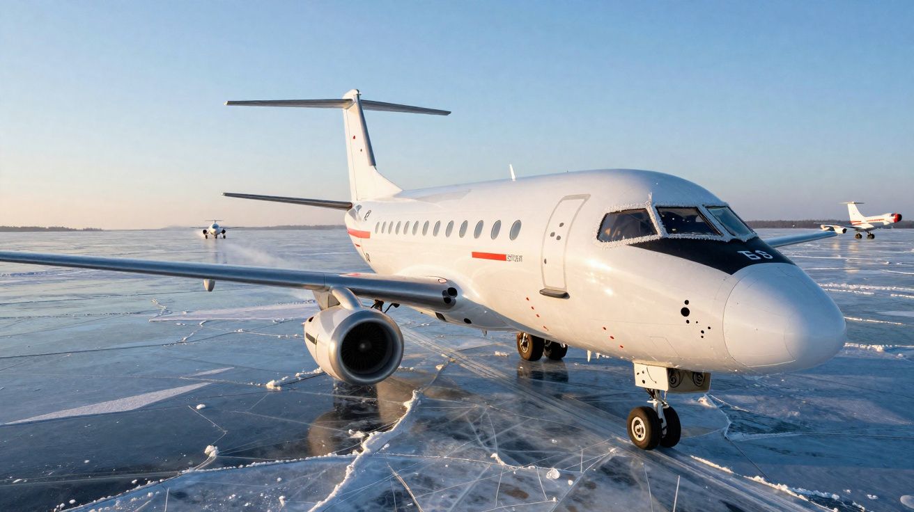 Avião branco estacionado sobre uma superfície congelada refletindo o céu claro.