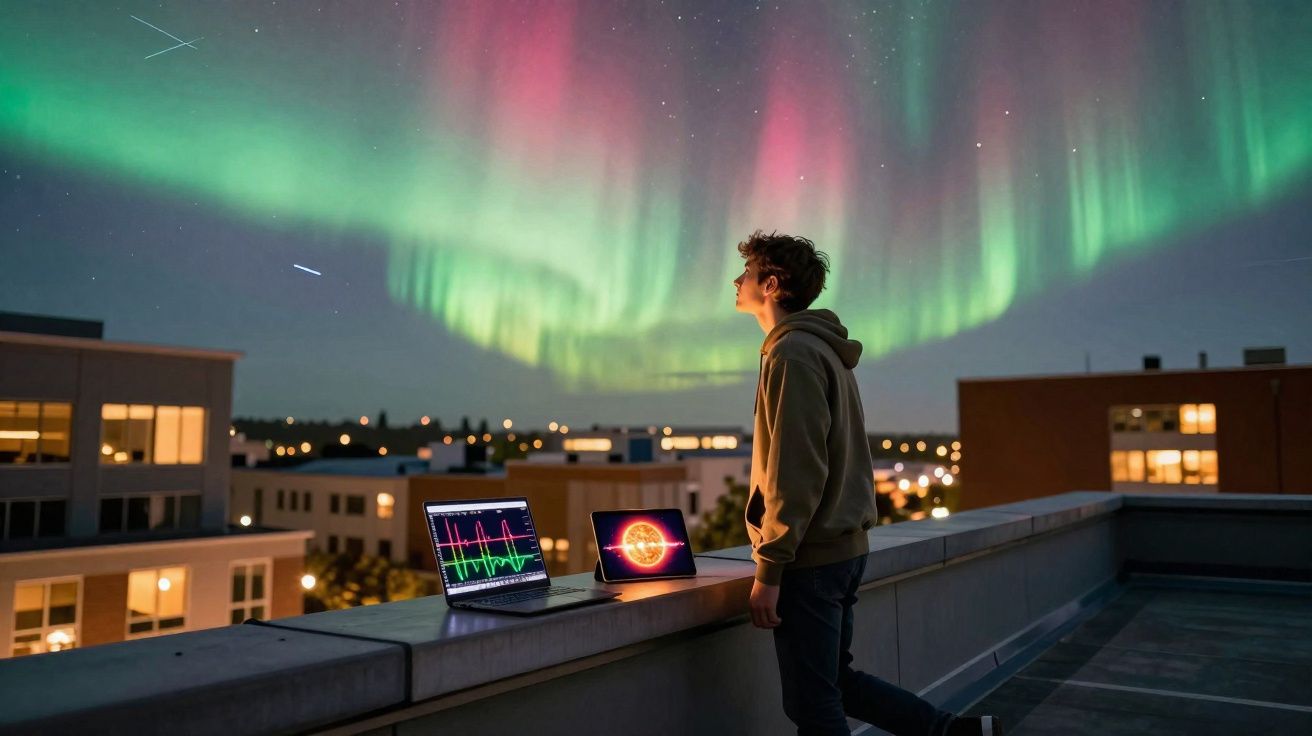 Jovem observa aurora boreal em telhado com laptop e tablet abertos exibindo dados científicos.
