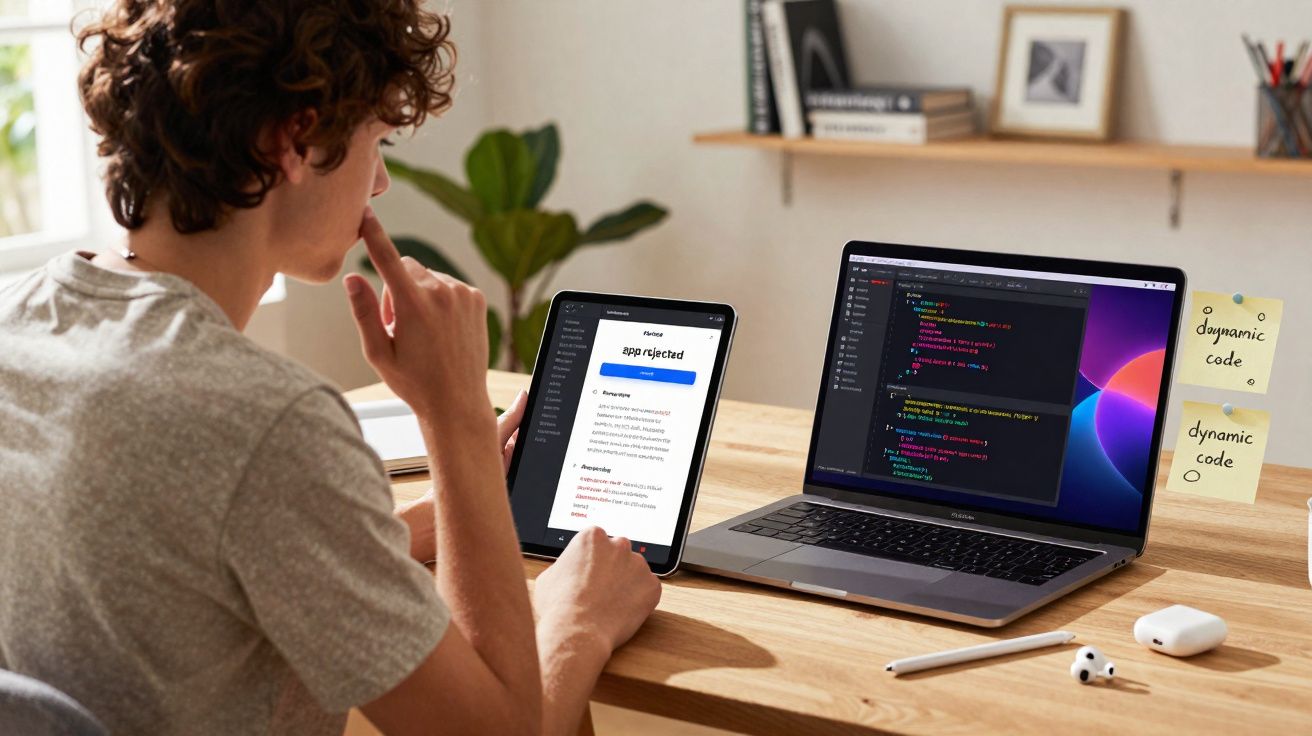 Pessoa analisando texto em tablet com código aberto em notebook em mesa de madeira clara.