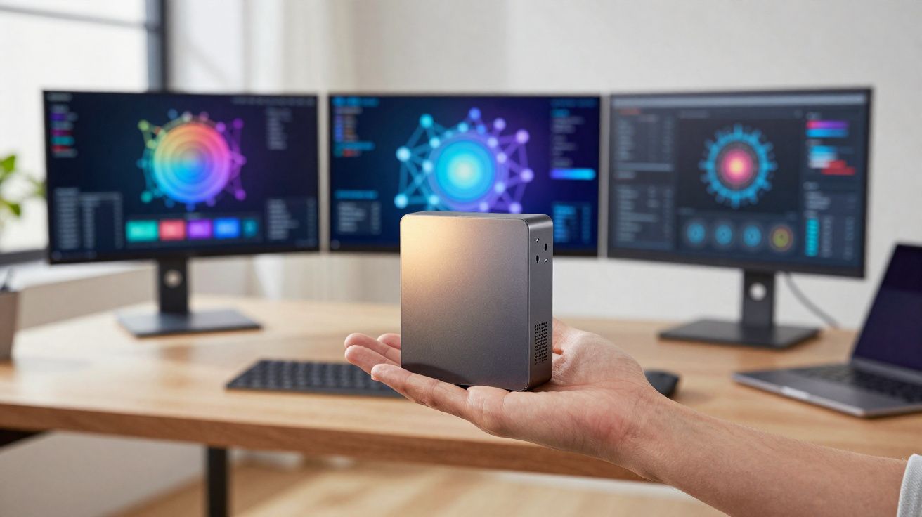 Mão segurando computador compacto com três monitores exibindo gráficos coloridos em fundo de escritório.