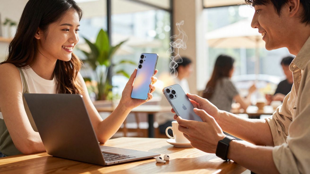 Mulher e homem sorrindo e segurando smartphones em café, com laptop aberto na mesa.