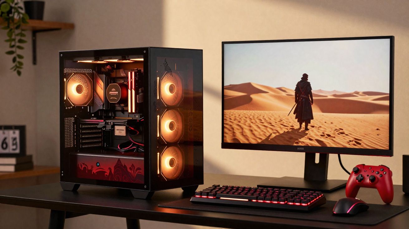 Computador gamer com iluminação laranja, monitor exibindo personagem no deserto, teclado, mouse e joystick vermelho.