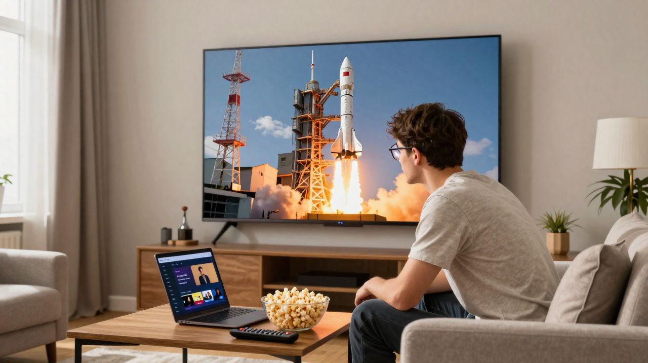 Jovem sentado no sofá assistindo lançamento de foguete na TV com laptop e pipoca na mesa de centro.