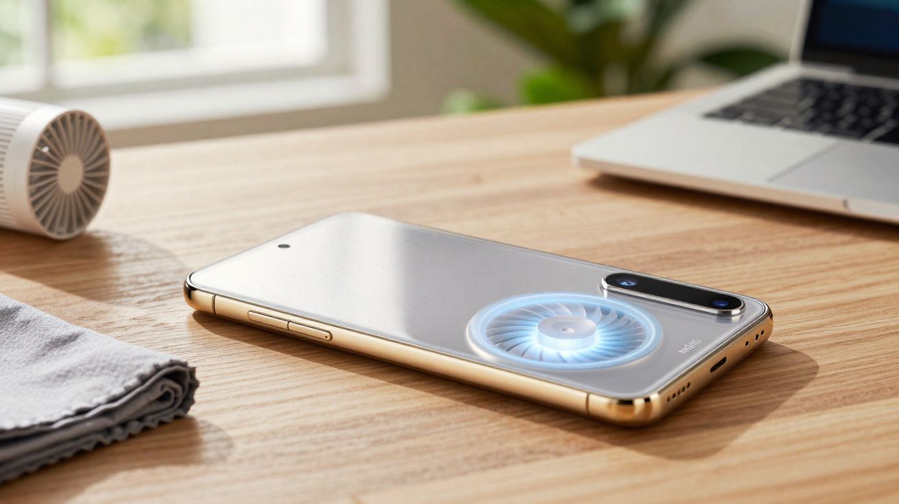 Smartphone sobre mesa com mini ventilador portátil acoplado na parte traseira.