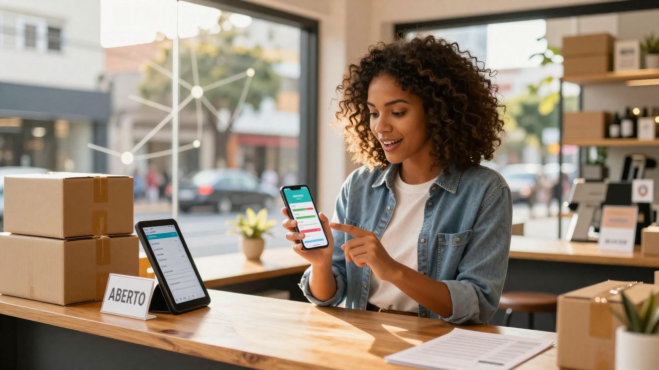 Mulher negra sorrindo mostra app de celular na loja com caixas e placa aberto na mesa de madeira.