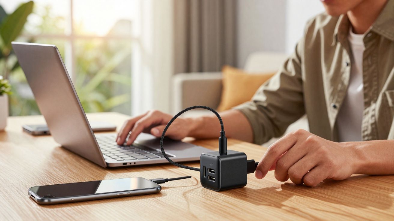 Pessoa conectando carregador USB a tomada com celular e notebook em mesa de madeira.
