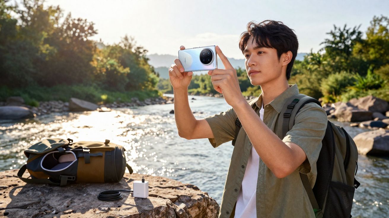 Jovem tira foto com smartphone em área natural próxima a rio com mochila e equipamentos ao lado.