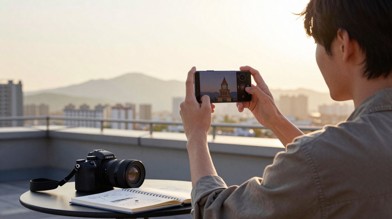 Pessoa tirando foto de torre de relógio com celular em varanda ao pôr do sol, câmera e caderno na mesa.