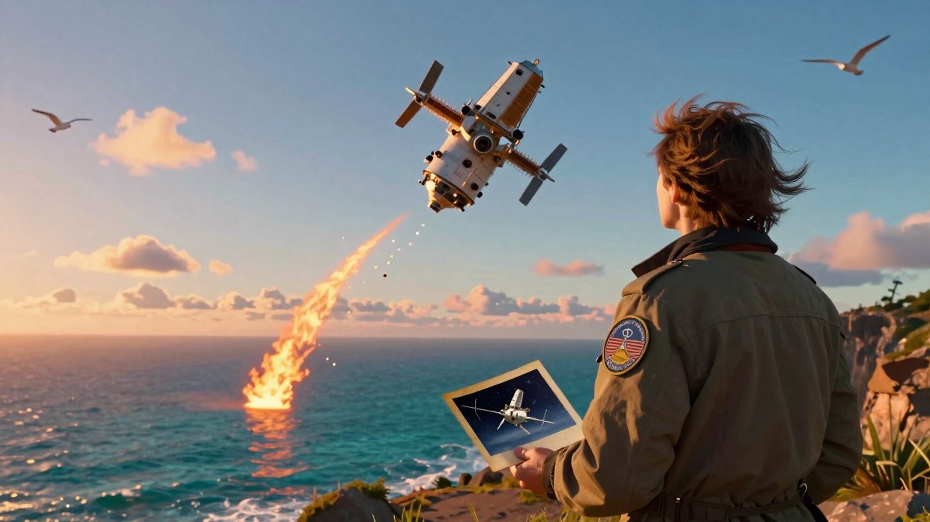 Pessoa de costas com tablet observa cápsula espacial caindo no mar ao pôr do sol, com gaivotas voando.