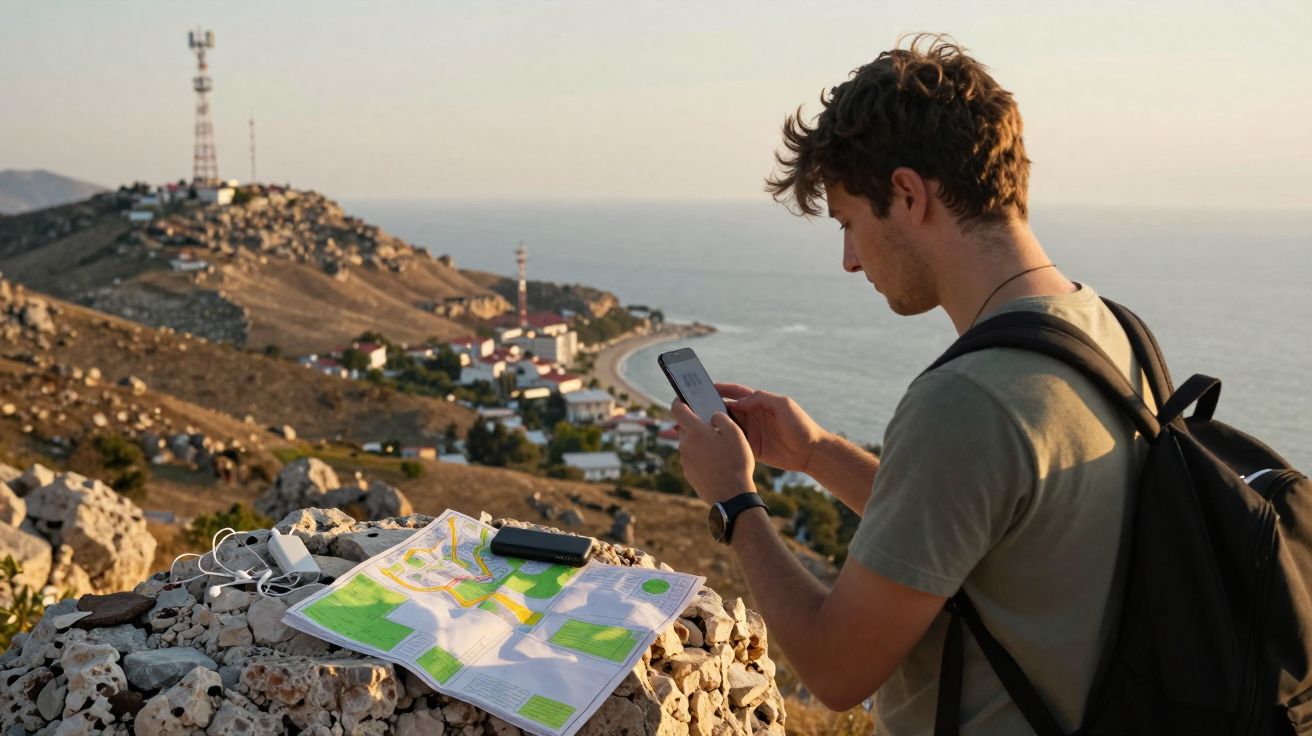 Jovem com mochila usando celular em área montanhosa com mapa e equipamentos sobre pedras à beira-mar.