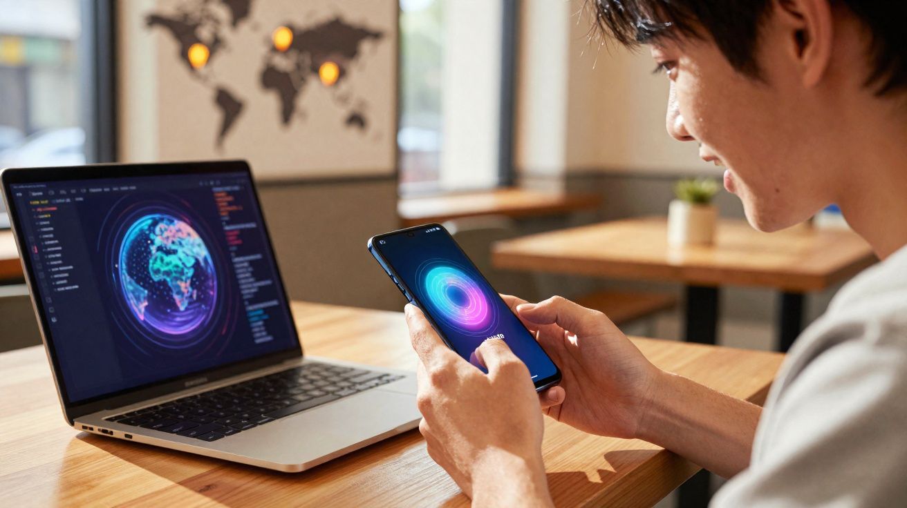 Homem usando smartphone com gráficos digitais, sentado à mesa com laptop aberto exibindo mapa digital colorido.