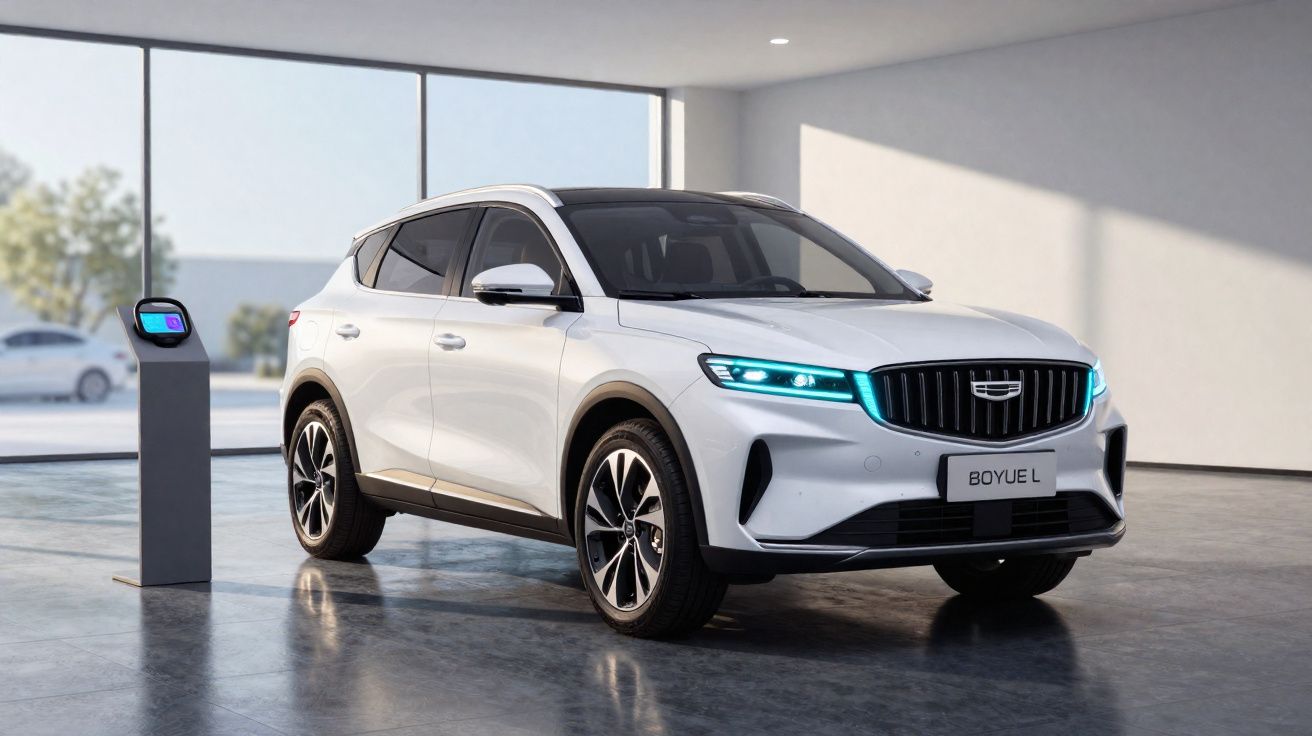 Carro SUV elétrico branco estacionado em sala moderna com carregador ao lado.