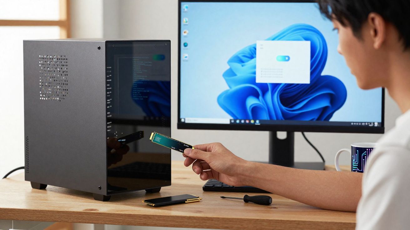 Pessoa segurando um SSD M.2 perto de um gabinete de computador, com monitor e ferramentas sobre a mesa.