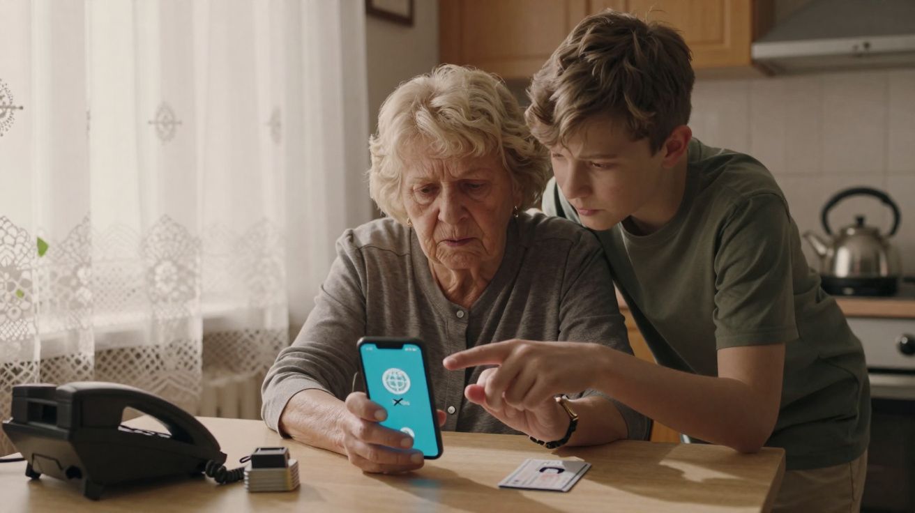 Jovem ensina idosa a usar smartphone na cozinha, com telefone e documentos sobre a mesa.