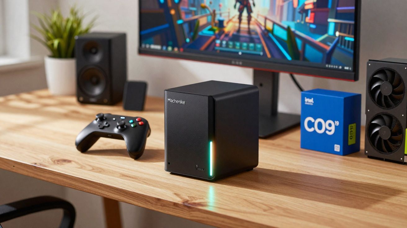 Computador compacto Machenike em mesa de madeira com monitor, controle e caixas de som ao fundo.