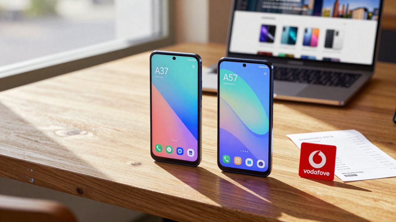 Dois smartphones A37 e A57 na mesa de madeira com um laptop e cartão da Vodafone ao fundo.