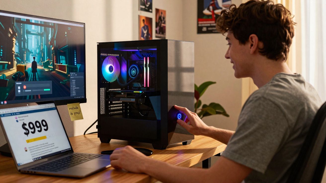 Jovem usando computador gamer com iluminação RGB em mesa com notebook e dois monitores.