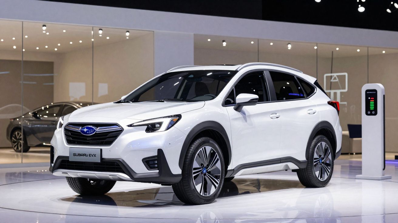 Carro elétrico branco Subaru EVX exposto em showroom moderno com estação de carregamento ao lado.